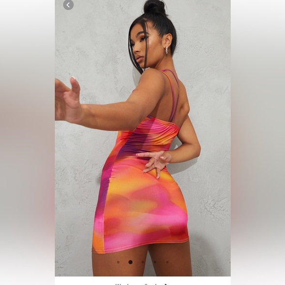 NWT Pink Abstract Print Slinky Asymmetric Strap Detail Bodycon Dress - Picture 2 of 7